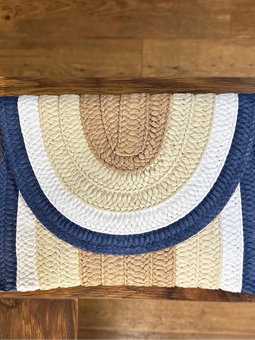 Woven Straw Tote with Navy, White & Tan Arched Design